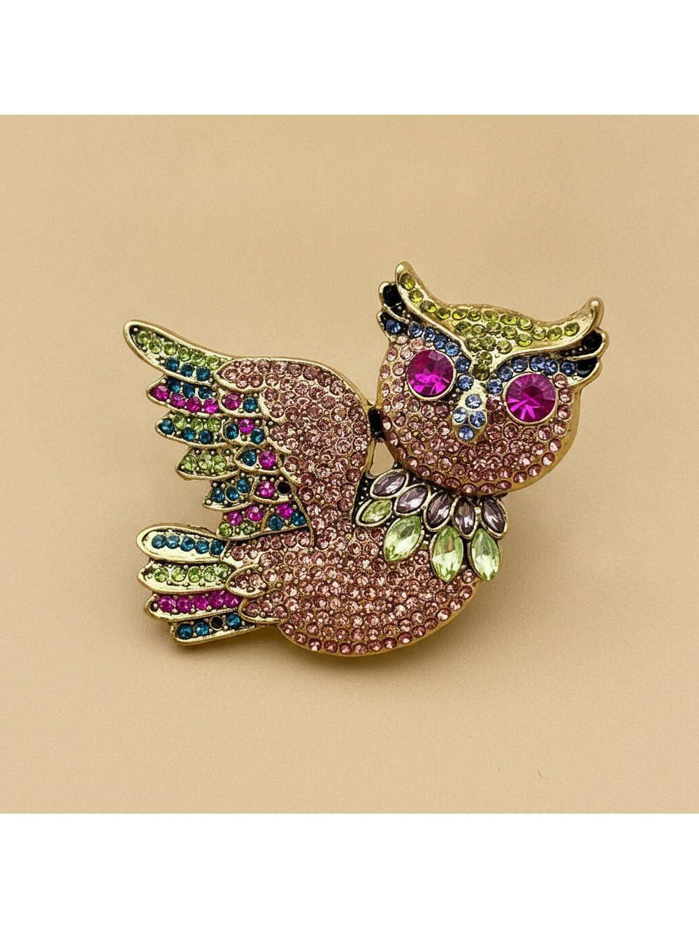 Rhinestone Flying Owl Brooch
